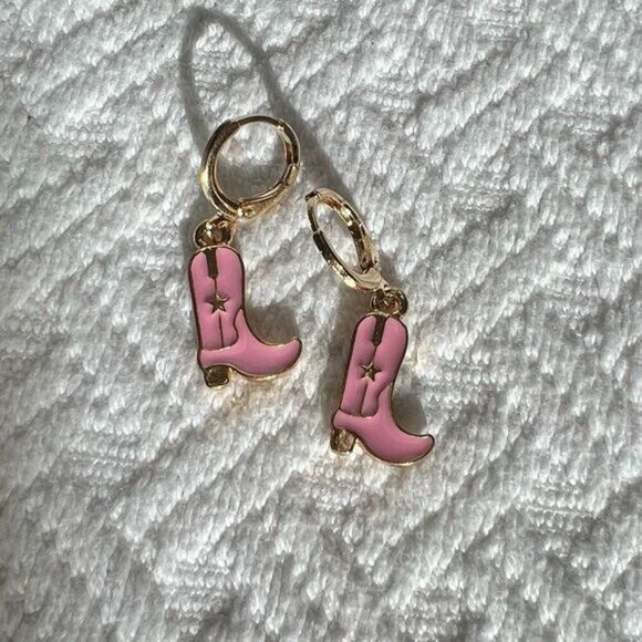 Country Western Pink Gold Tone Mini Cowboy Boot Earrings Rodeo Cowgirl Festival - Picture 5 of 7